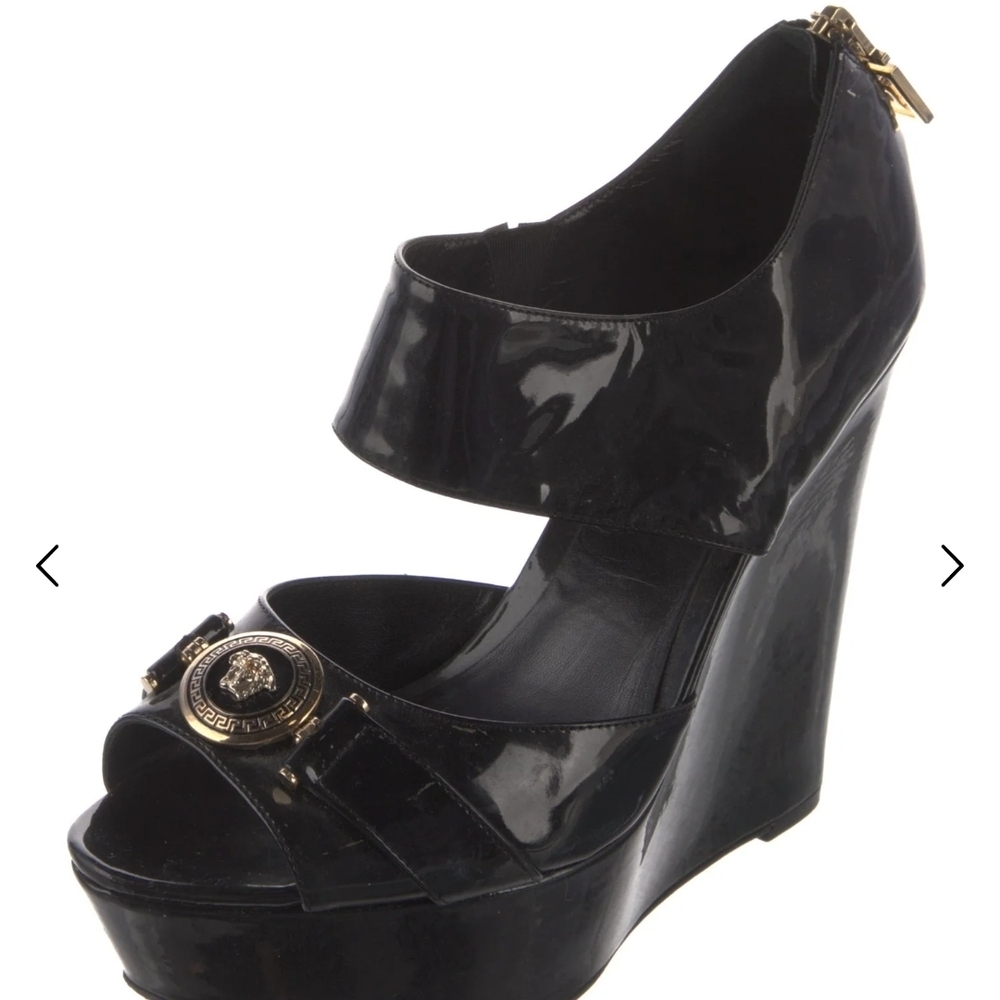 Versace Glossy Black Wedge Sandals - Picture 1 of 5